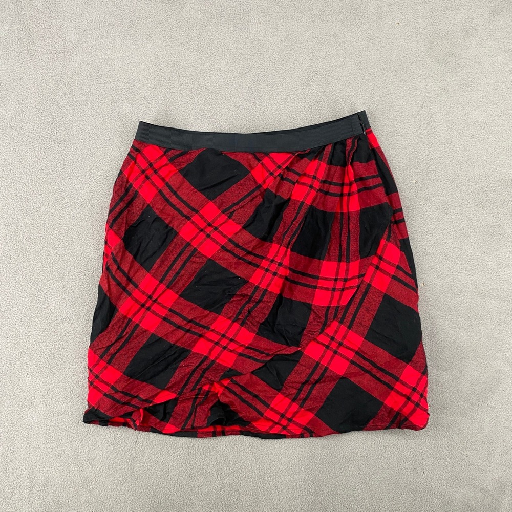 Gap Red Black Buffalo‎ Plaid Faux Wrap Mini Skirt Size 0 Side Zip Tulip Hem